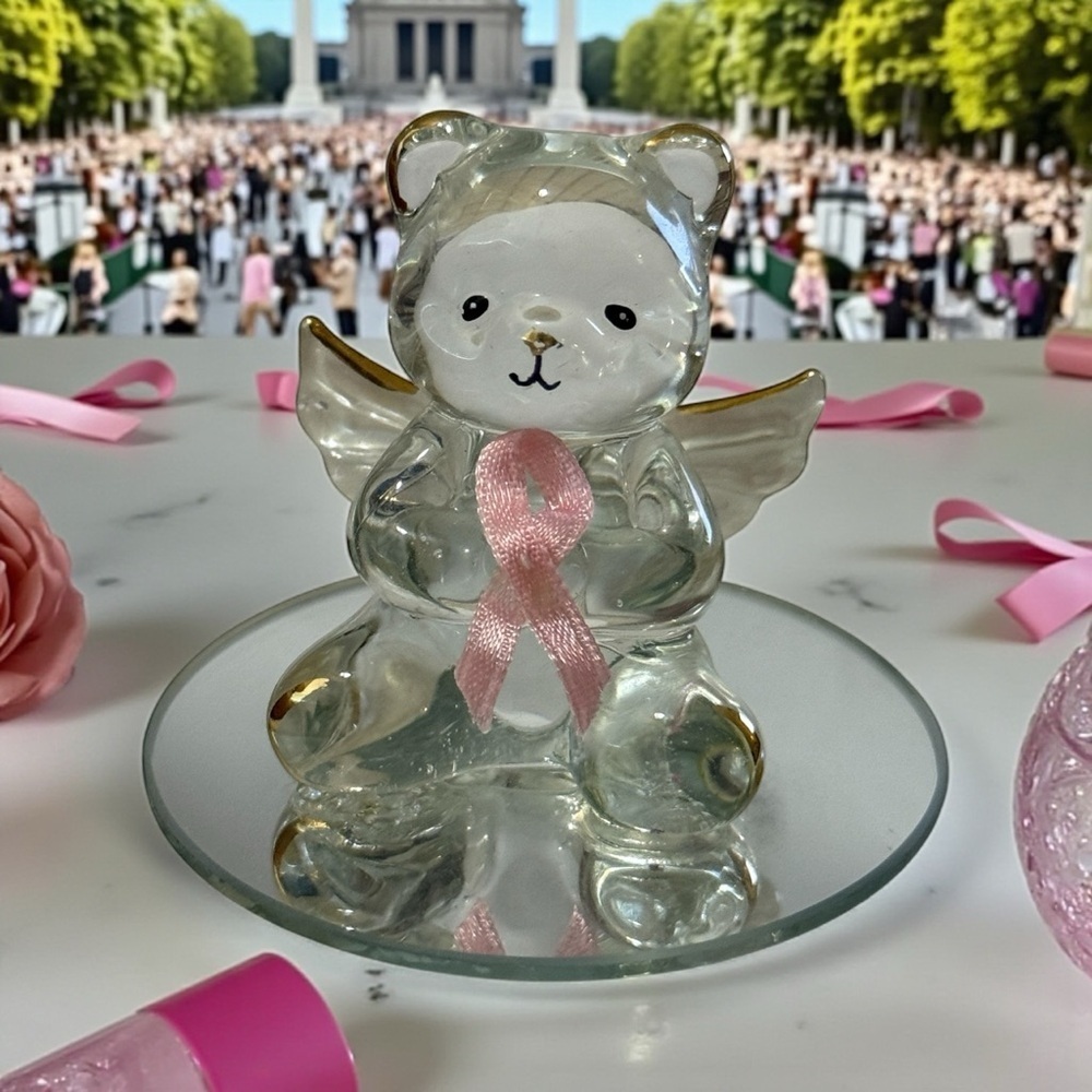 Cancer Awareness Glass Bear Figurine w/ Pink Ribbon & Gold Accents-Angel Wings